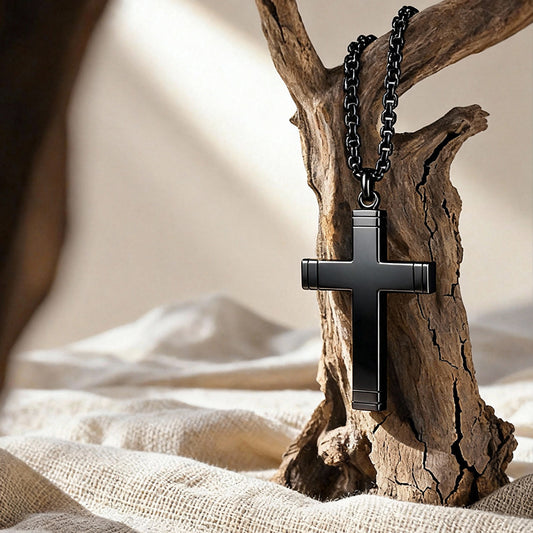 Men's Wooden Cross Necklace, Real Ebony Inlaid Black Stainless Steel Christian Crucifix Pendant