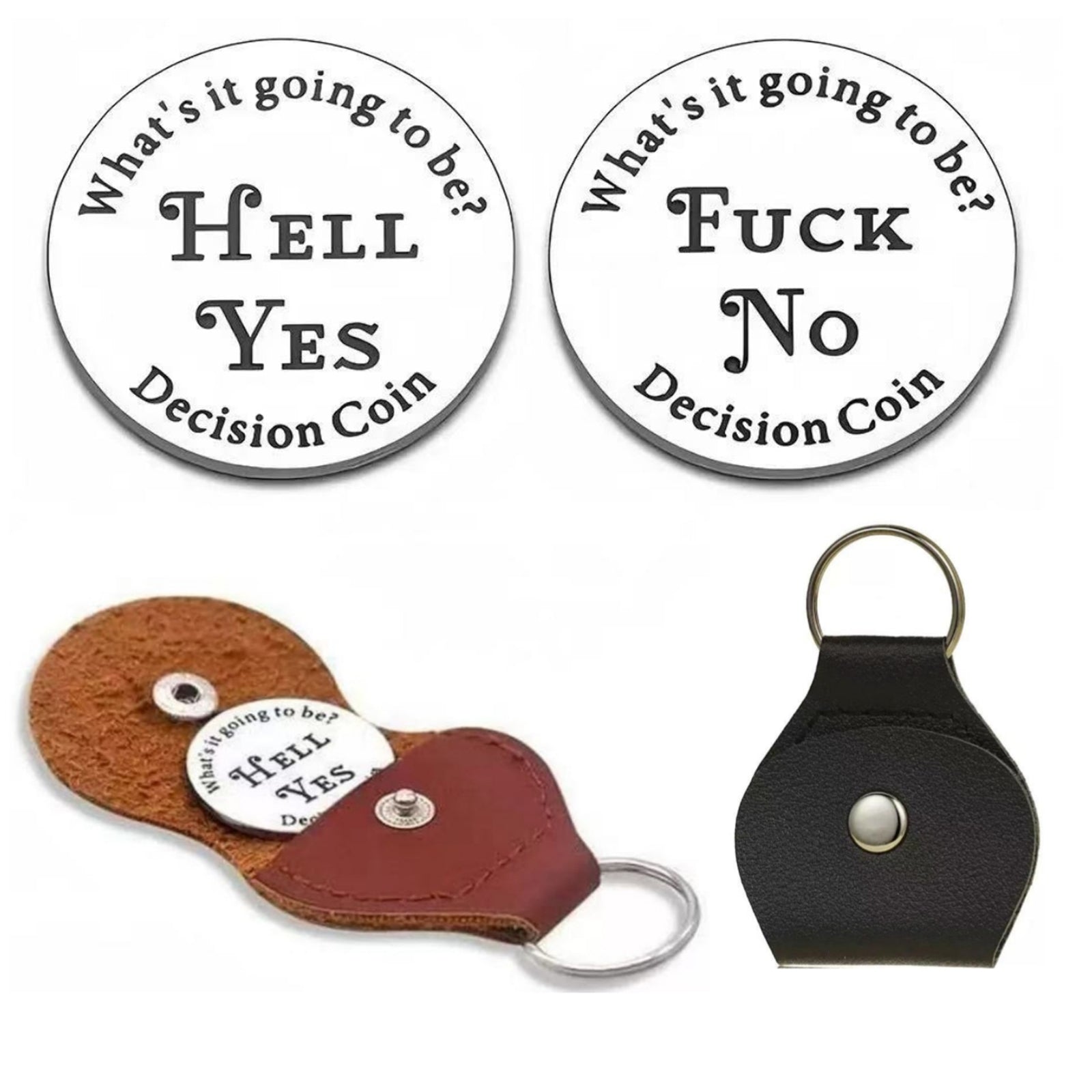 Hell Yes Fuck No Decision Coin with Leather Keychain Holder, Funny Decision Maker Coin for Dilemmas