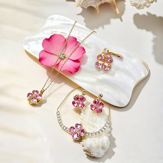 Sparkling Pink Heart Flower Jewelry Set – Necklace, Adjustable Fit Ring, Bracelet & Earrings | Earring and Necklace Set Elegant Gift for Women, Besties & Birthdays