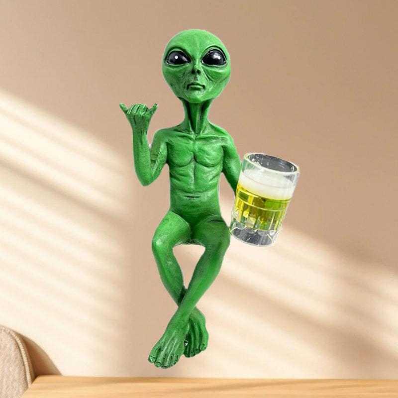 Alien with Beer Figurine Invasion 'Party Alien' Male Hang Loose Beer Drinking Ledge Lounger 15 Inch Funny Home or Garden Statue