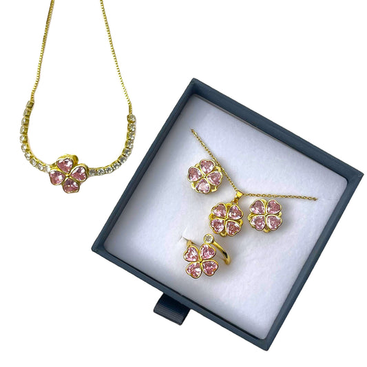 Sparkling Pink Heart Flower Jewelry Set – Necklace, Adjustable Fit Ring, Bracelet & Earrings | Earring and Necklace Set Elegant Gift for Women, Besties & Birthdays