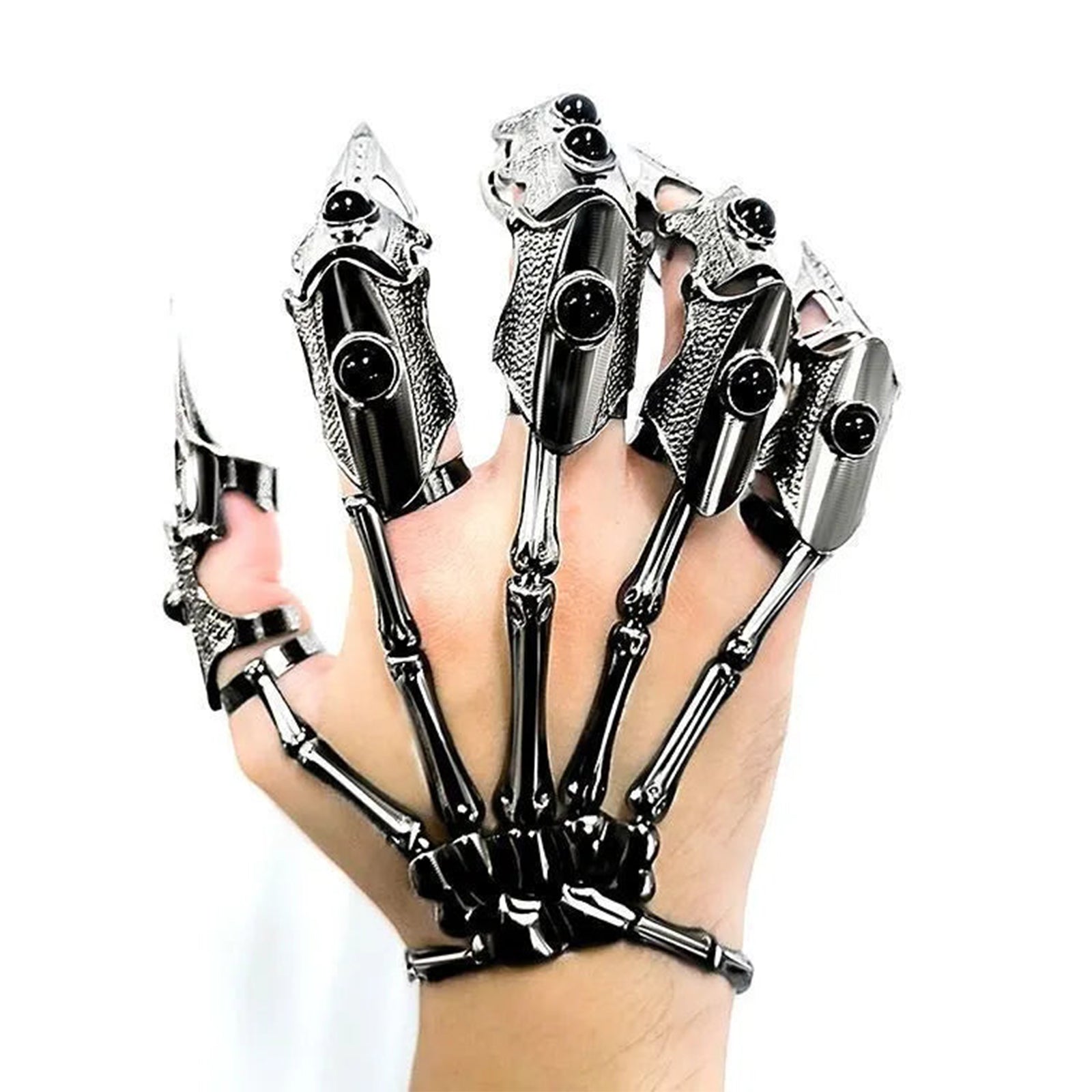 Black Pearl Skull Skeleton Hand Finger Armor Ring, Gothic Punk Mechanical Finger Jewelry for Men