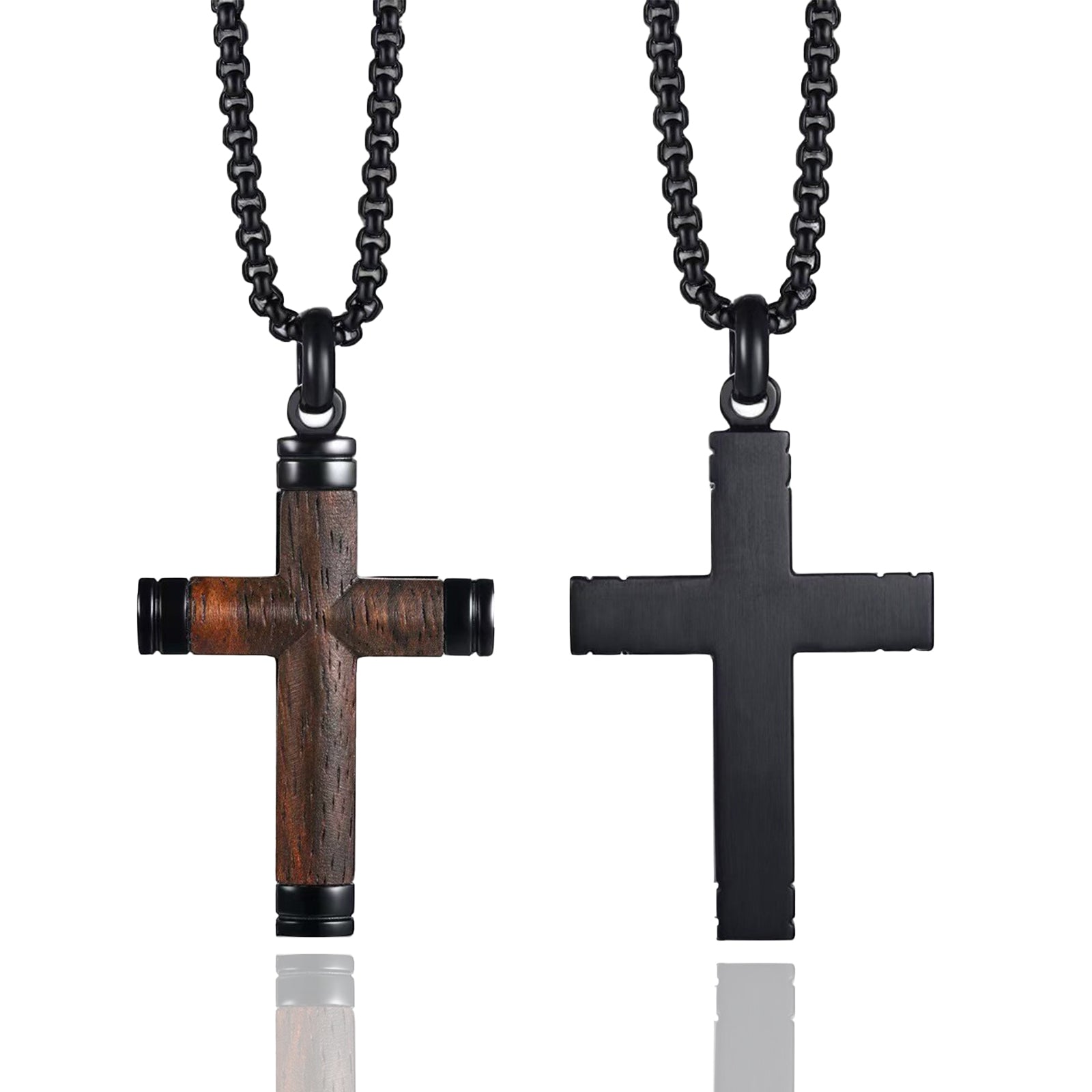 Men's Wooden Cross Necklace, Real Ebony Inlaid Black Stainless Steel Christian Crucifix Pendant