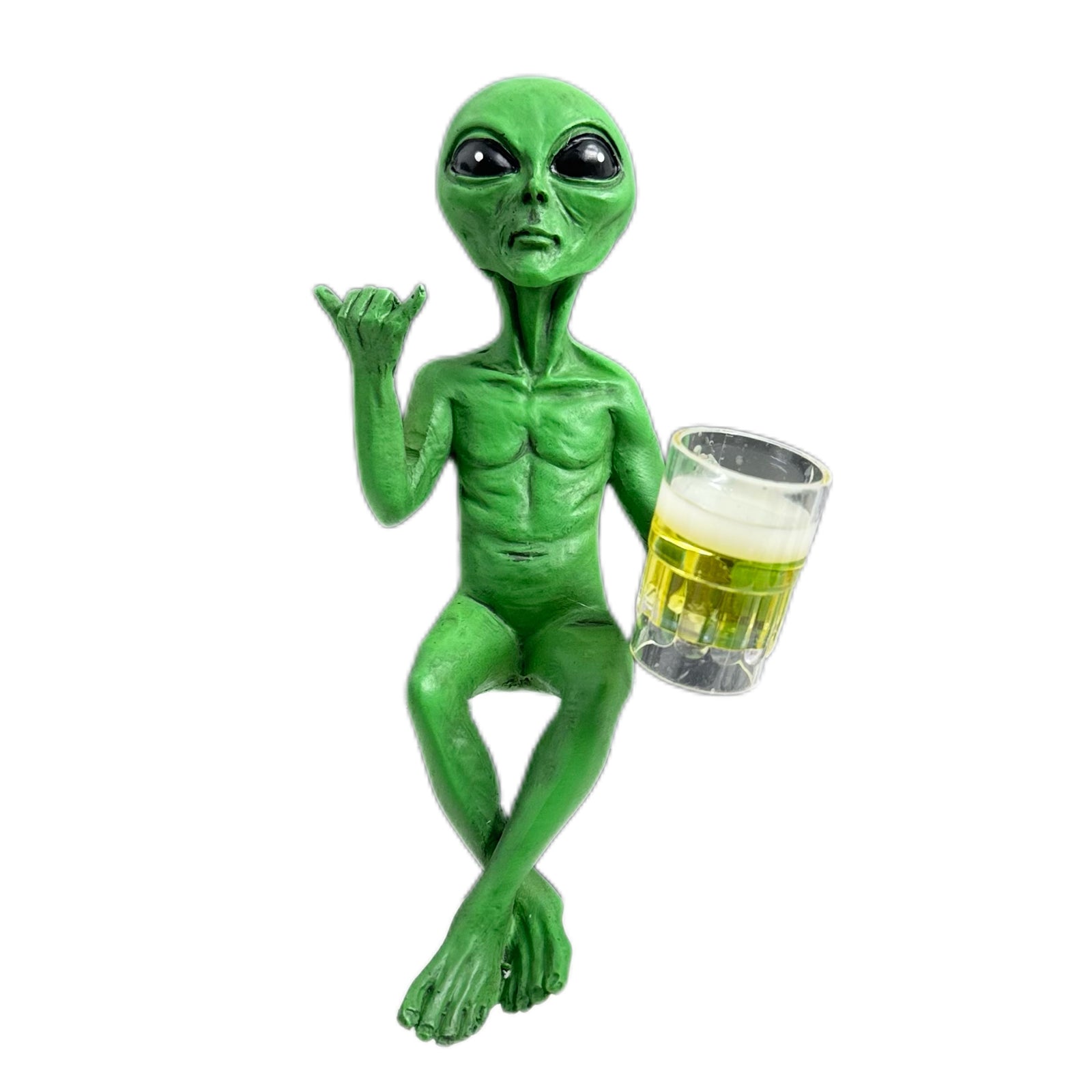 Alien with Beer Figurine Invasion 'Party Alien' Male Hang Loose Beer Drinking Ledge Lounger 15 Inch Funny Home or Garden Statue