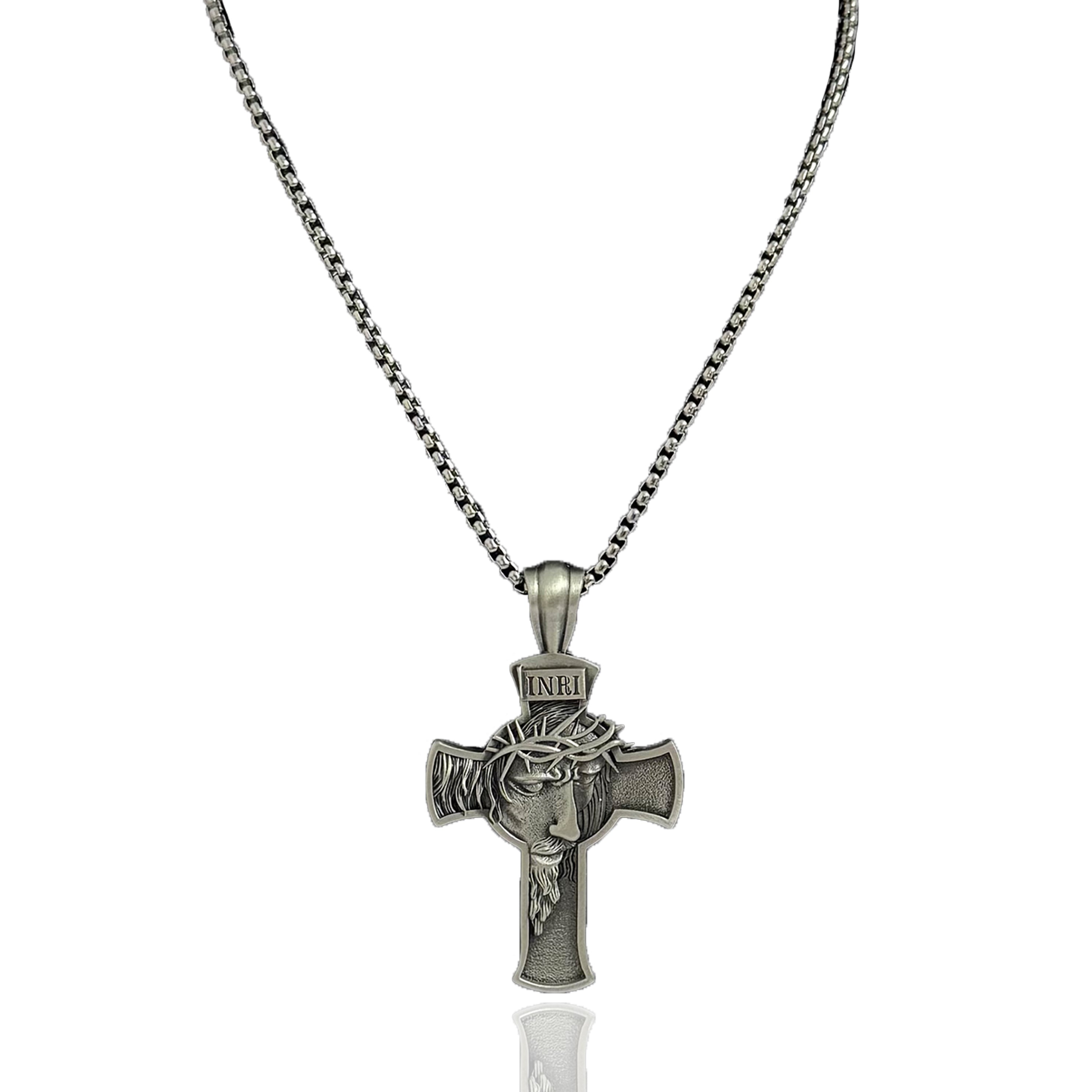 Jesus Christ Necklace,Crowned Christ Crucifix Necklace,INRI Cross Pendant,Jesus Necklace for Men,Mens Cross Necklaces