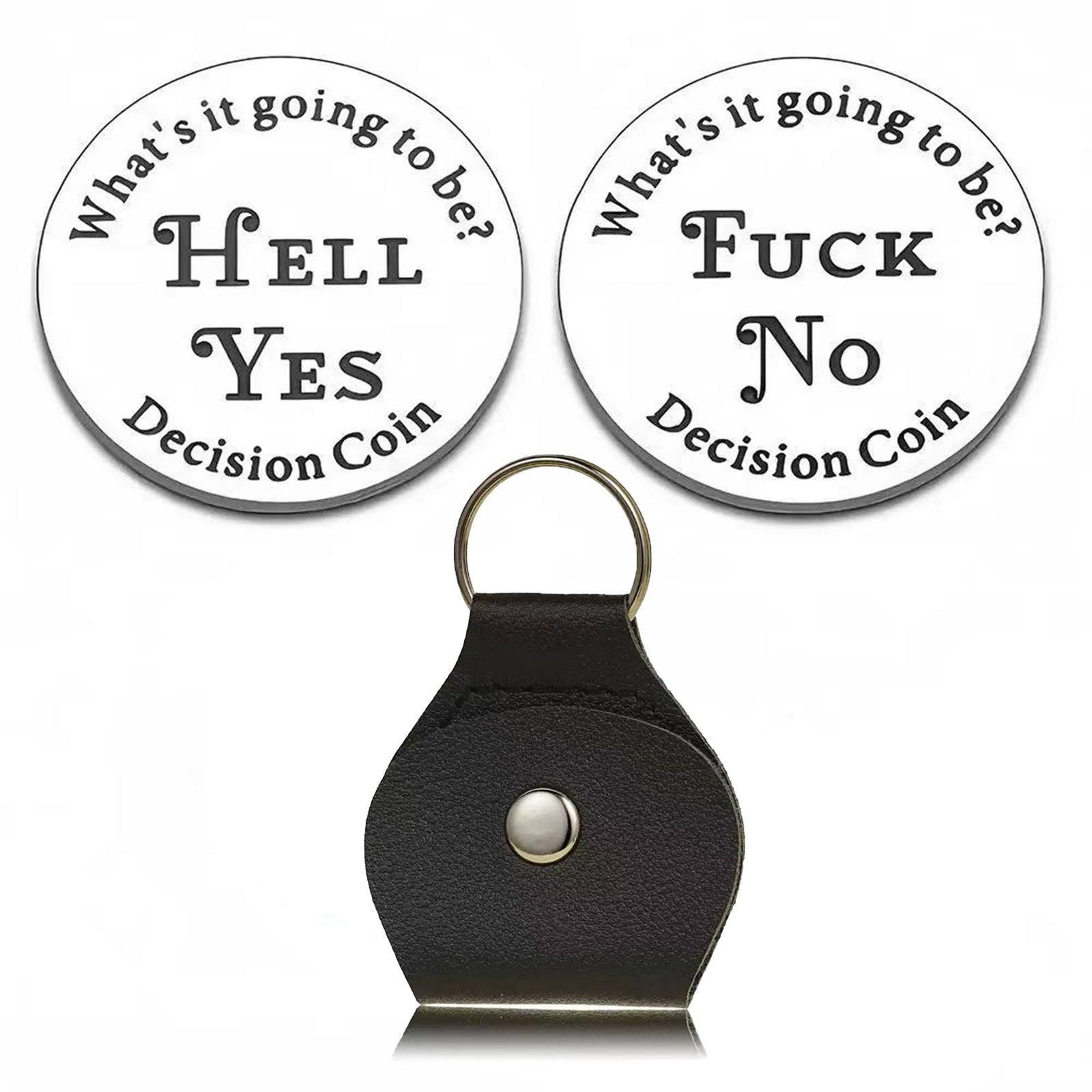 Hell Yes Fuck No Decision Coin with Leather Keychain Holder, Funny Decision Maker Coin for Dilemmas