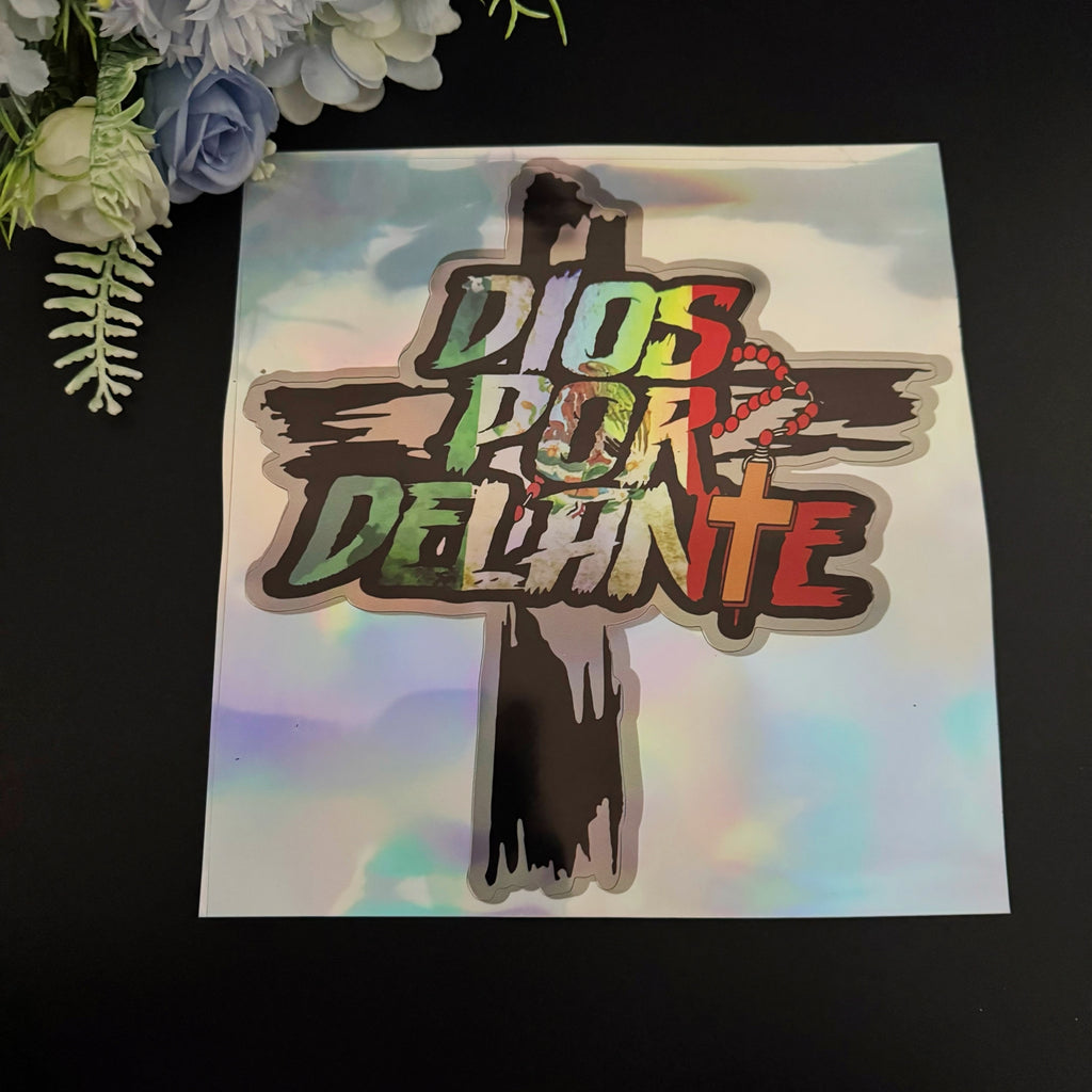 “DIOS POR DELANTE” Cross Rosary Sticker