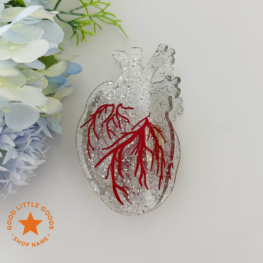 Anatomical Heart Glitter Acrylic Hair Clip | Dark Aesthetic Anatomy-Themed Hair Accessory for Edgy & Niche Styling