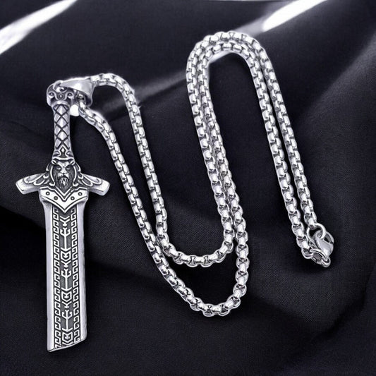 Men's Viking Sword Necklace, Stainless Steel Warrior Knight Sword Pendant, Norse Mythology Viking Jewelry for Men Women