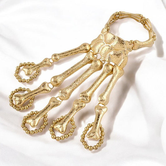 Gold Skeleton Hand Bone Bracelet with Ring,Skeleton Hand Bracelet, Gothic Punk Exaggerated Metal Skull Wristband