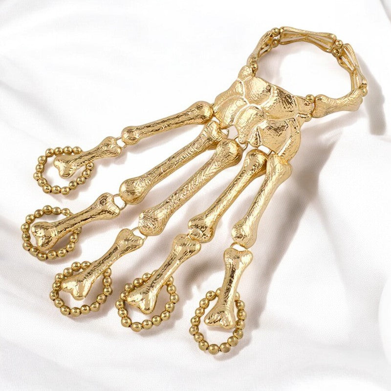 Gold Skeleton Hand Bone Bracelet with Ring,Skeleton Hand Bracelet, Gothic Punk Exaggerated Metal Skull Wristband