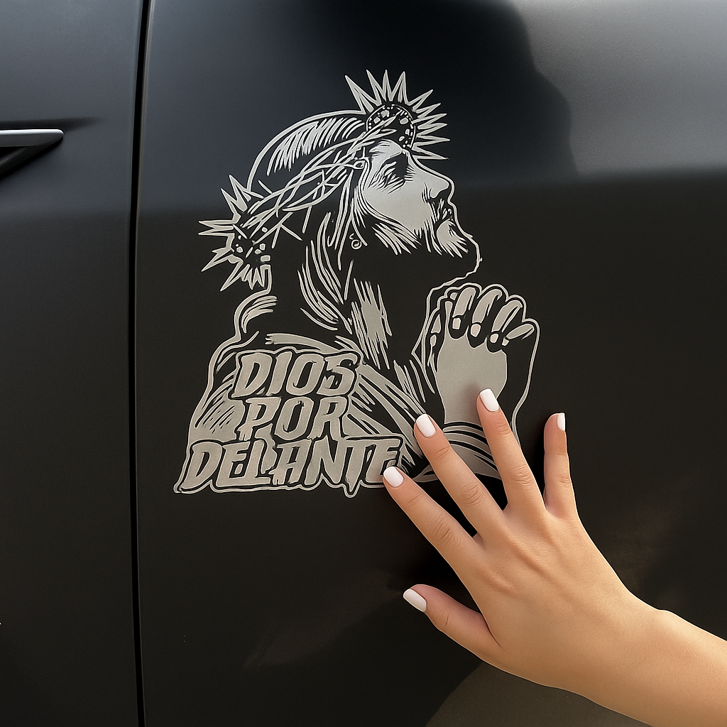 “DIOS POR DELANTE” Jesus Prayer (Crown of Thorns) Religious Vinyl Sticker | Car Window & Smooth Surface Faith Decal