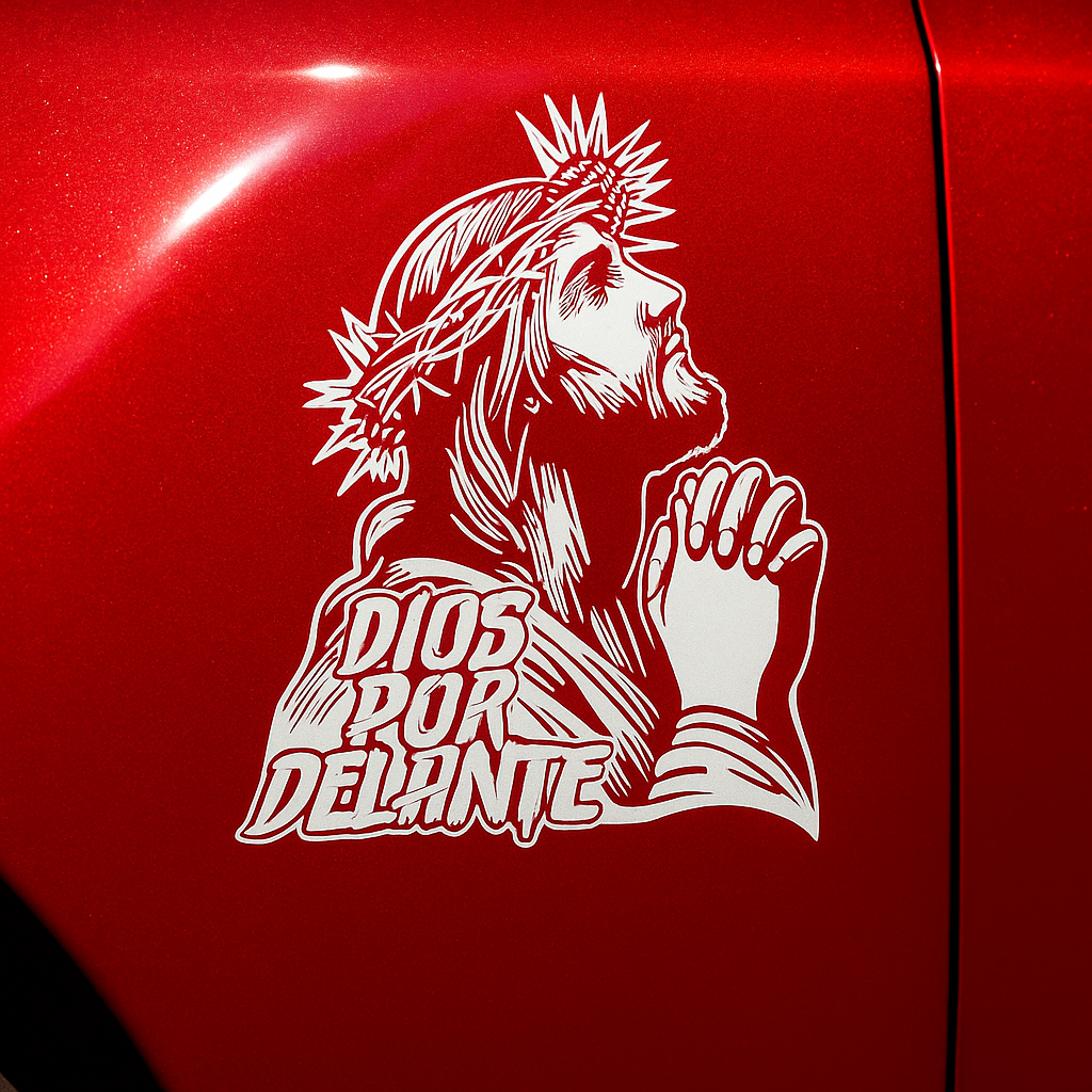“DIOS POR DELANTE” Jesus Prayer (Crown of Thorns) Religious Vinyl Sticker | Car Window & Smooth Surface Faith Decal