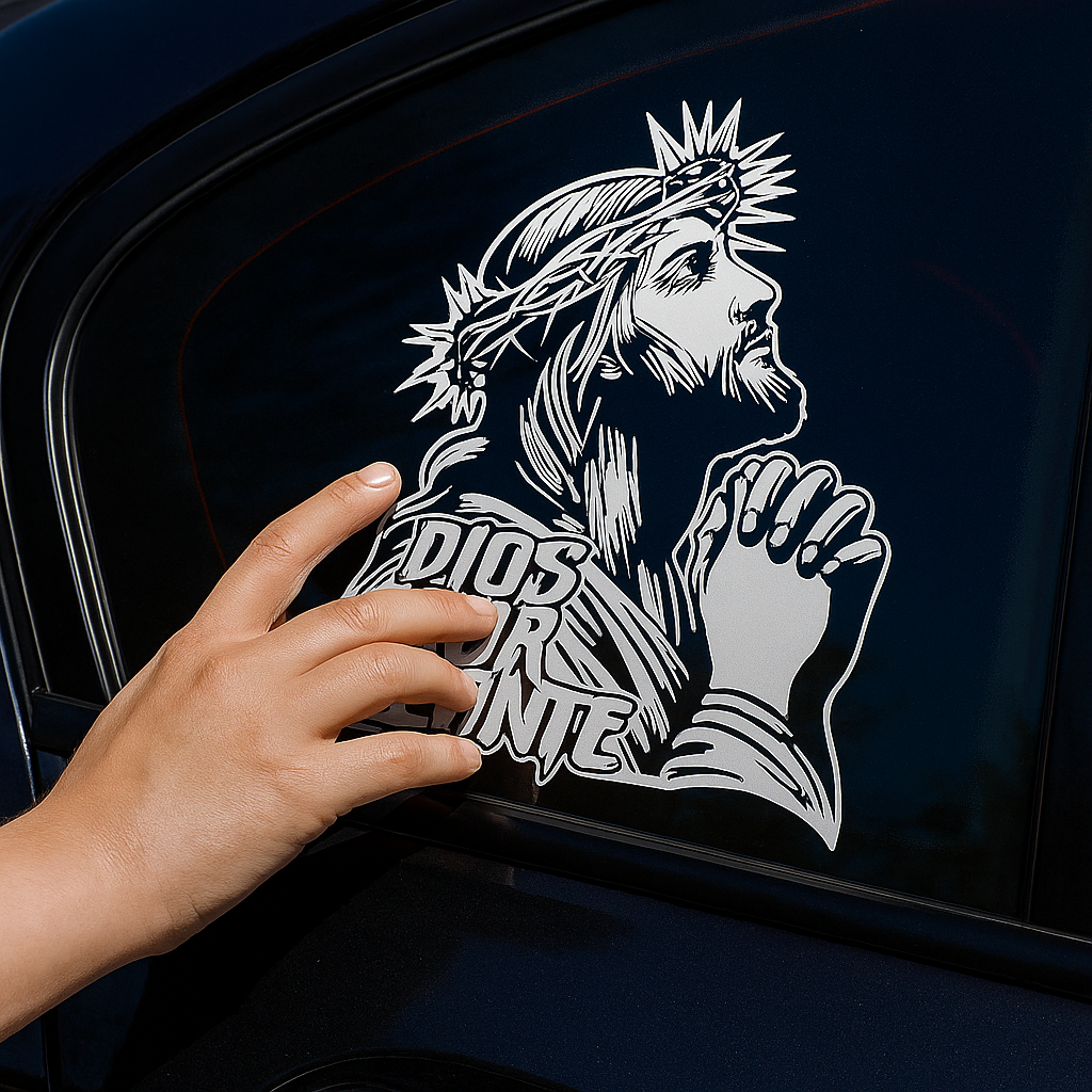 “DIOS POR DELANTE” Jesus Prayer (Crown of Thorns) Religious Vinyl Sticker | Car Window & Smooth Surface Faith Decal
