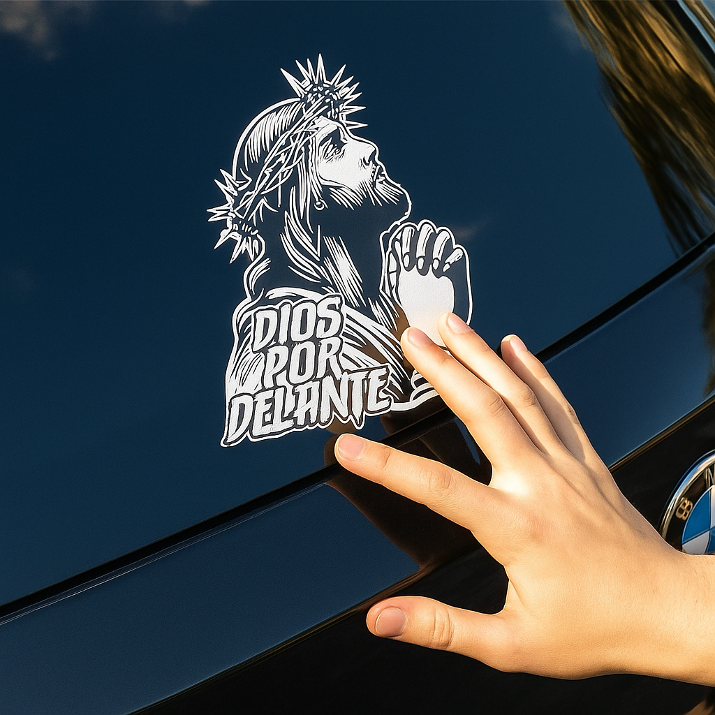 “DIOS POR DELANTE” Jesus Prayer (Crown of Thorns) Religious Vinyl Sticker | Car Window & Smooth Surface Faith Decal