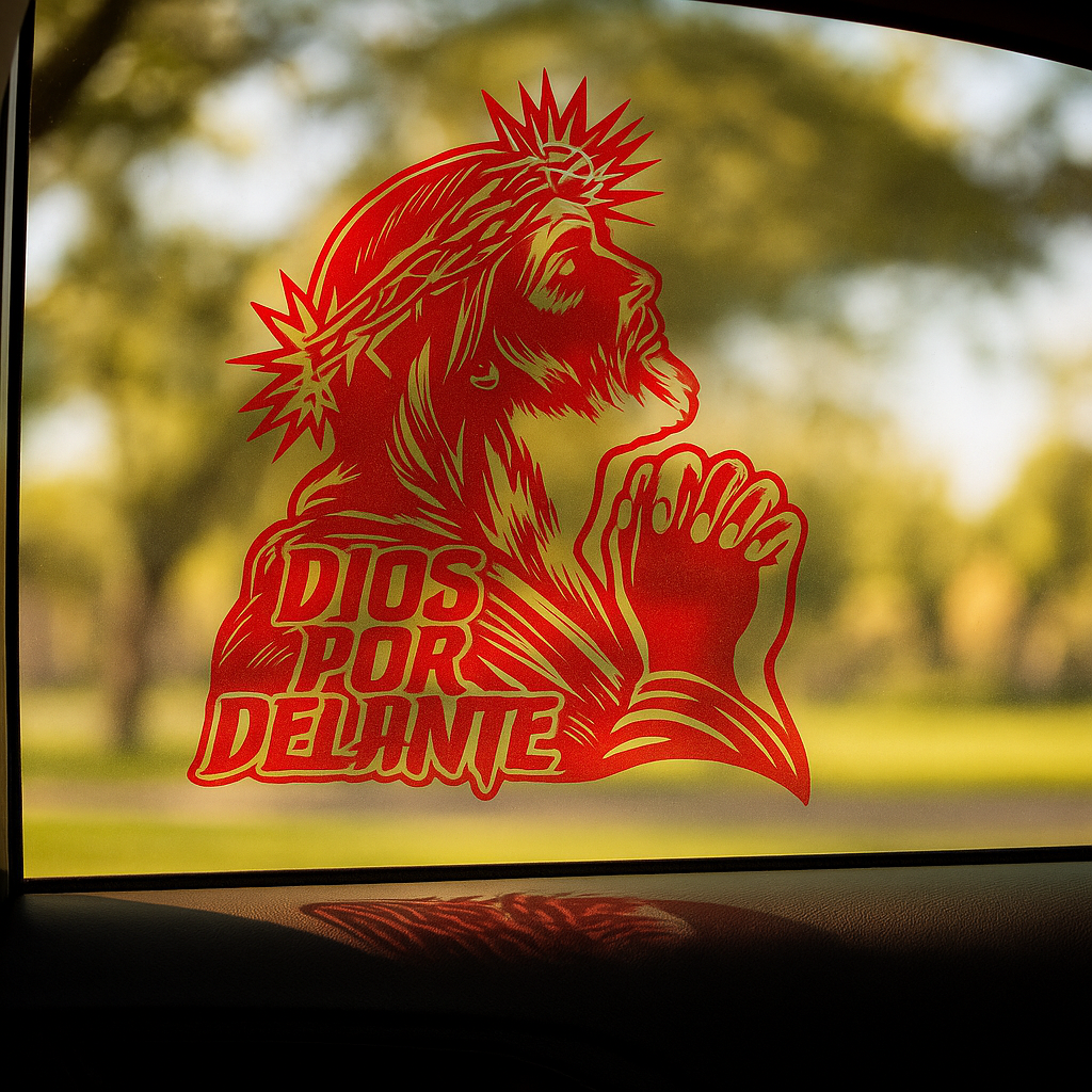 “DIOS POR DELANTE” Jesus Prayer (Crown of Thorns) Religious Vinyl Sticker | Car Window & Smooth Surface Faith Decal