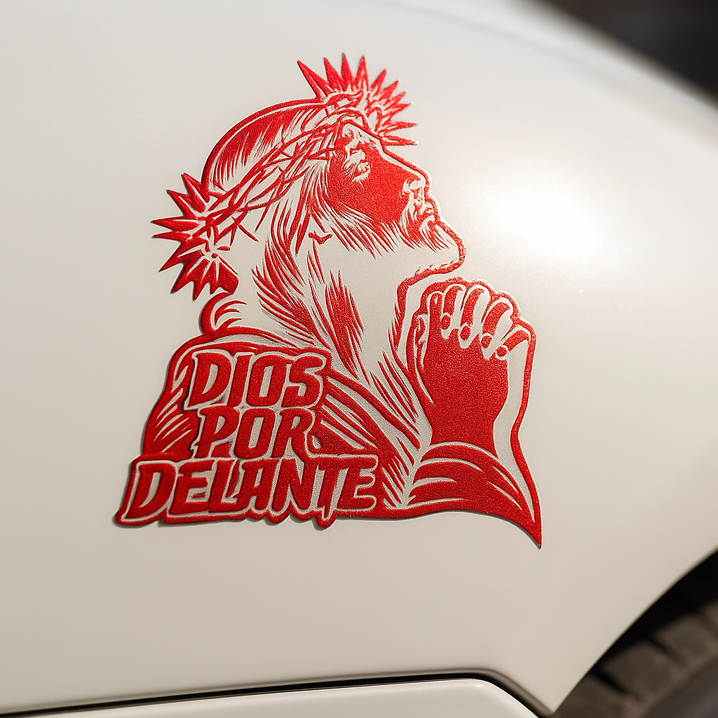 “DIOS POR DELANTE” Jesus Prayer (Crown of Thorns) Religious Vinyl Sticker | Car Window & Smooth Surface Faith Decal