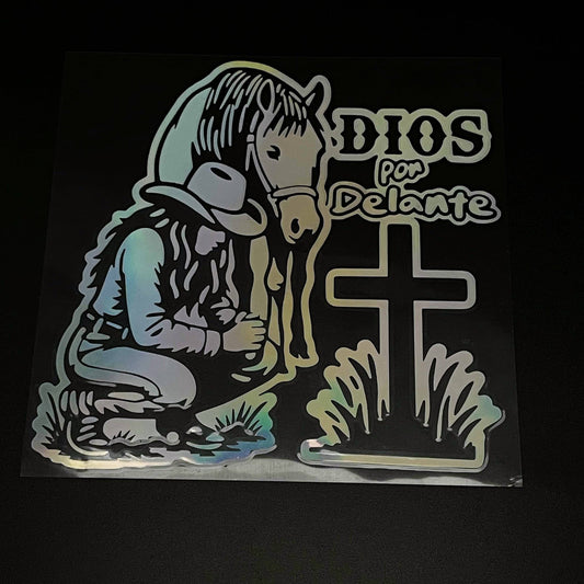 Holographic Cowboy & Horse Religious Sticker (DIOS POR DELANTE) | Iridescent Western-Faith Decal for Cars, Laptops & Smooth Surfaces