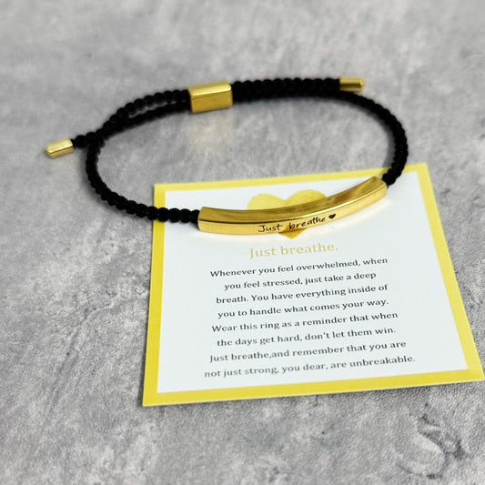 Just Breathe Engraved Bracelet, Adjustable Black Braided Rope Bracelet with Inspirational Message Card, Stress Relief Motivational Jewelry Gift for Women Men Friend Daughter Son