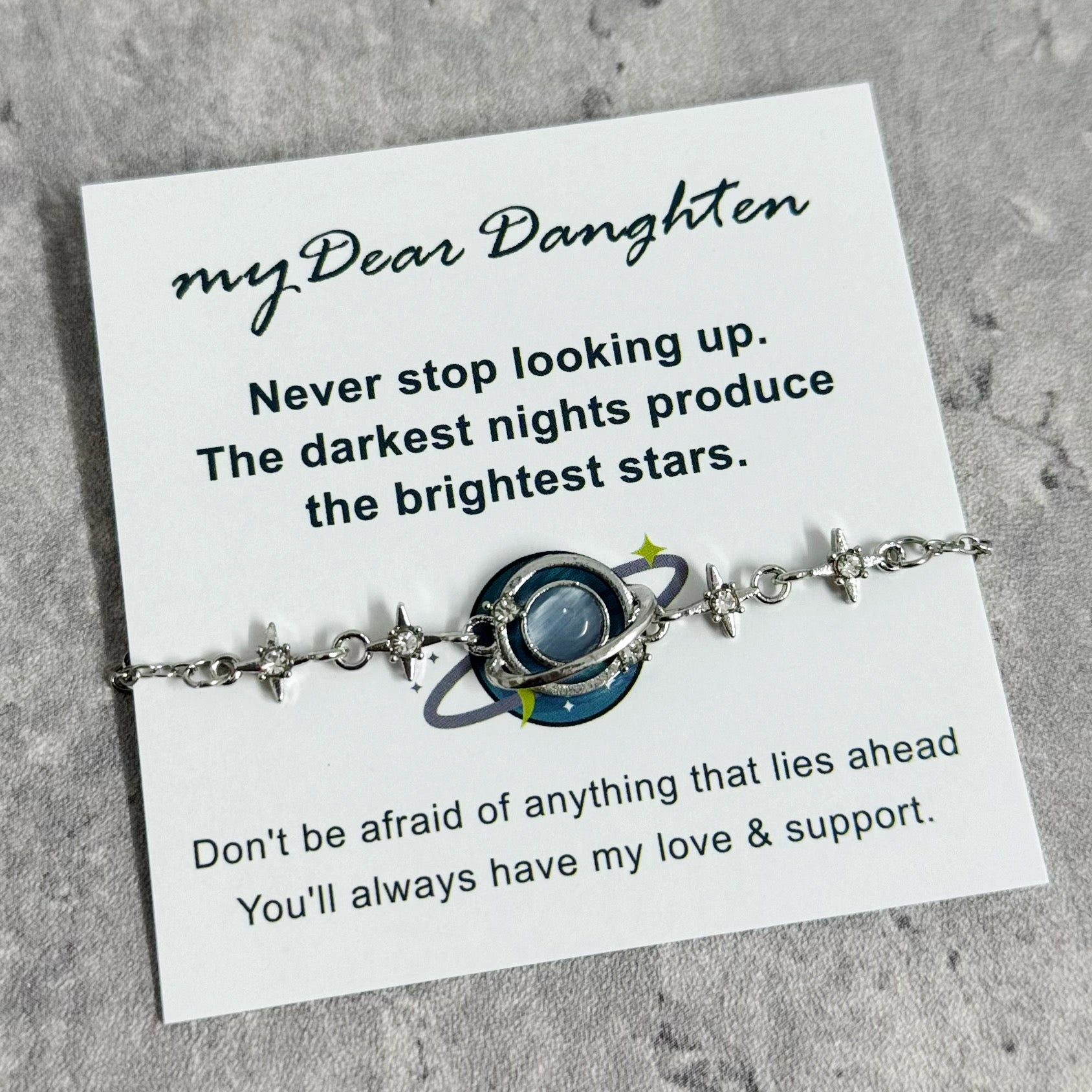 To My Daughter Star and Moon Bracelet, Celestial Planet Design Adjustable Bracelet with Encouragement Card, Gift for Daughter from Mom/Dad for Birthday Graduation Christmas
