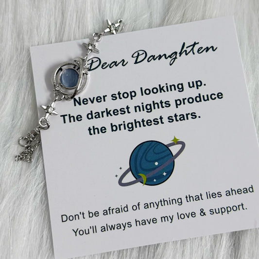 To My Daughter Star and Moon Bracelet, Celestial Planet Design Adjustable Bracelet with Encouragement Card, Gift for Daughter from Mom/Dad for Birthday Graduation Christmas