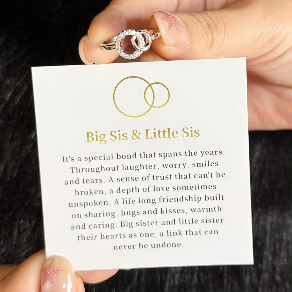 Big Sis & Little Sis Interlocking Heart Ring, Adjustable Matching Sister Ring with Sentimental Message Card, Sparkling Cubic Zirconia Sister Jewelry Gift for Big Sister Little Sister Birthday Christmas Graduation
