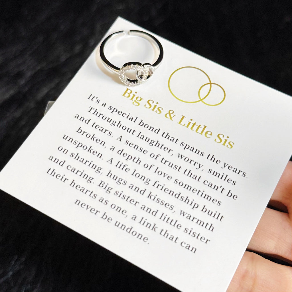 Big Sis & Little Sis Interlocking Heart Ring, Adjustable Matching Sister Ring with Sentimental Message Card, Sparkling Cubic Zirconia Sister Jewelry Gift for Big Sister Little Sister Birthday Christmas Graduation