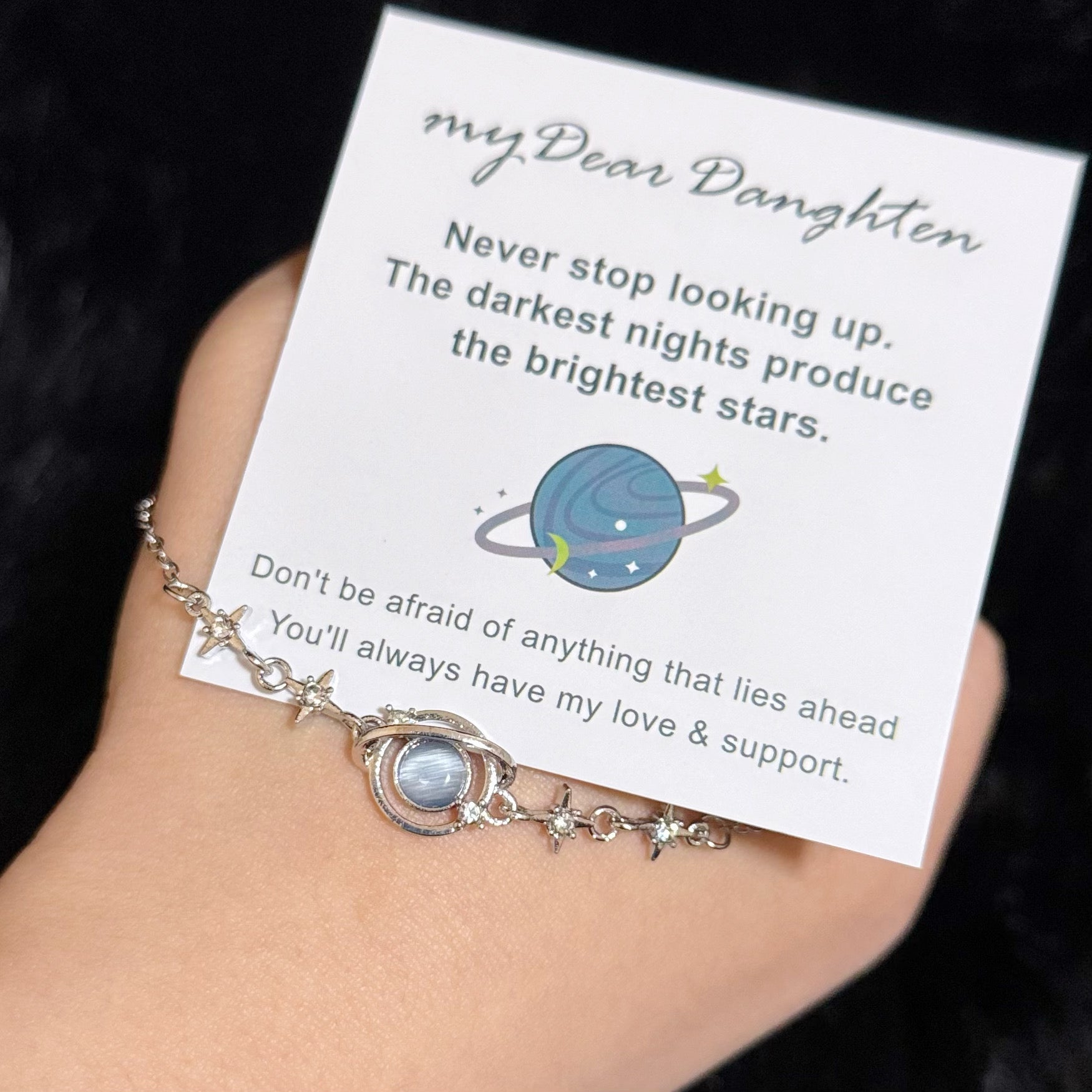 To My Daughter Star and Moon Bracelet, Celestial Planet Design Adjustable Bracelet with Encouragement Card, Gift for Daughter from Mom/Dad for Birthday Graduation Christmas