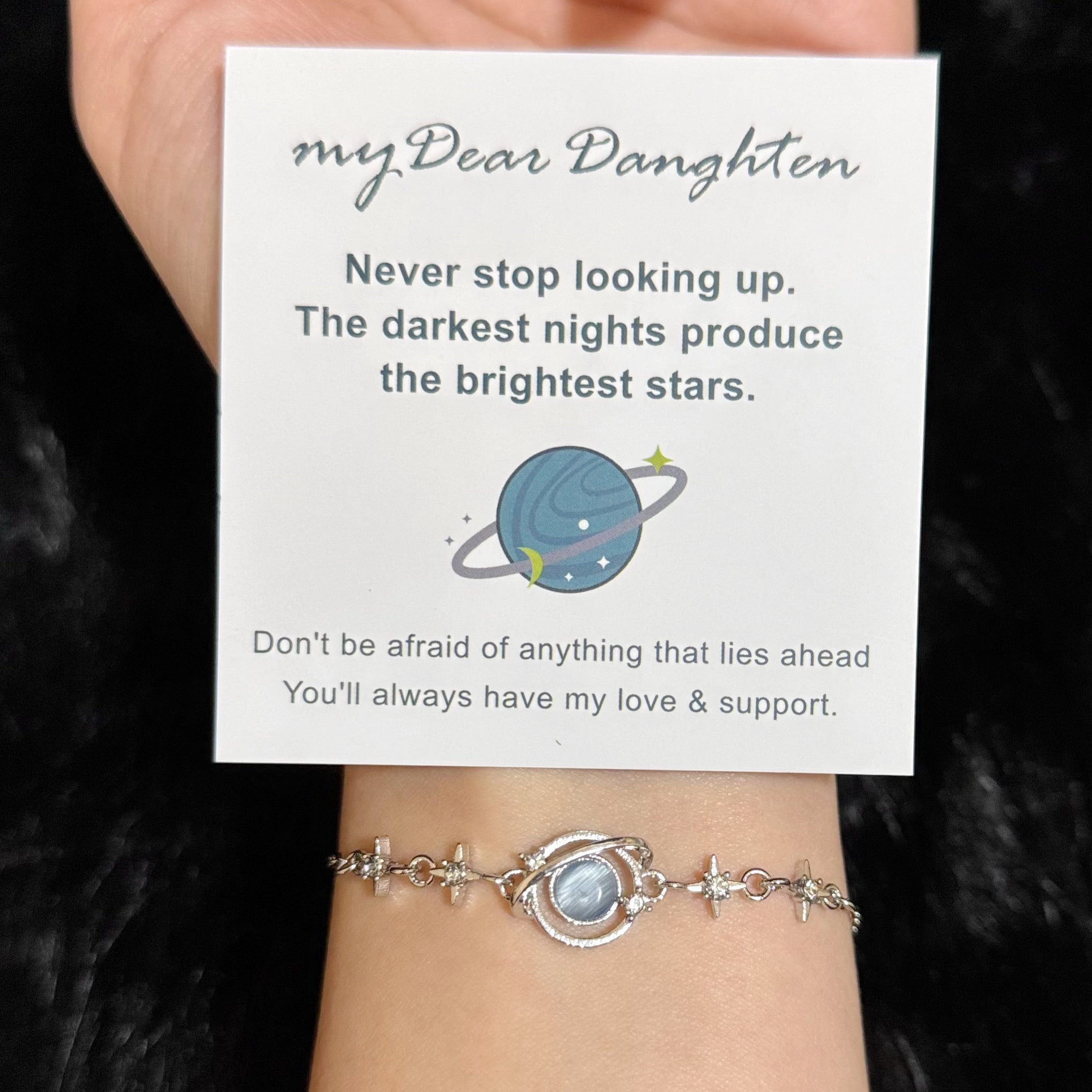 To My Daughter Star and Moon Bracelet, Celestial Planet Design Adjustable Bracelet with Encouragement Card, Gift for Daughter from Mom/Dad for Birthday Graduation Christmas