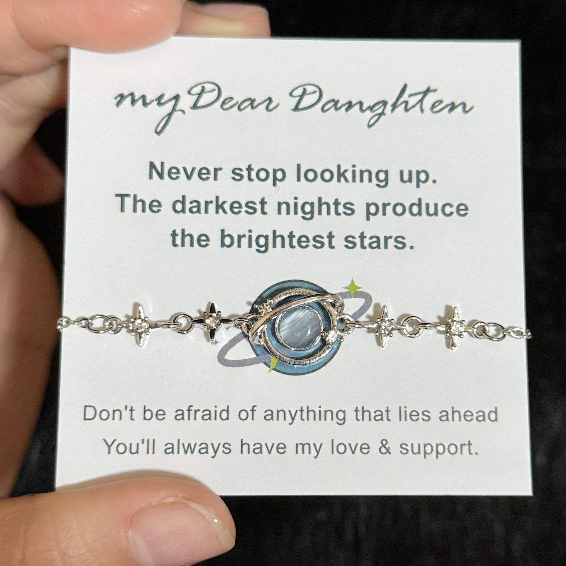 To My Daughter Star and Moon Bracelet, Celestial Planet Design Adjustable Bracelet with Encouragement Card, Gift for Daughter from Mom/Dad for Birthday Graduation Christmas