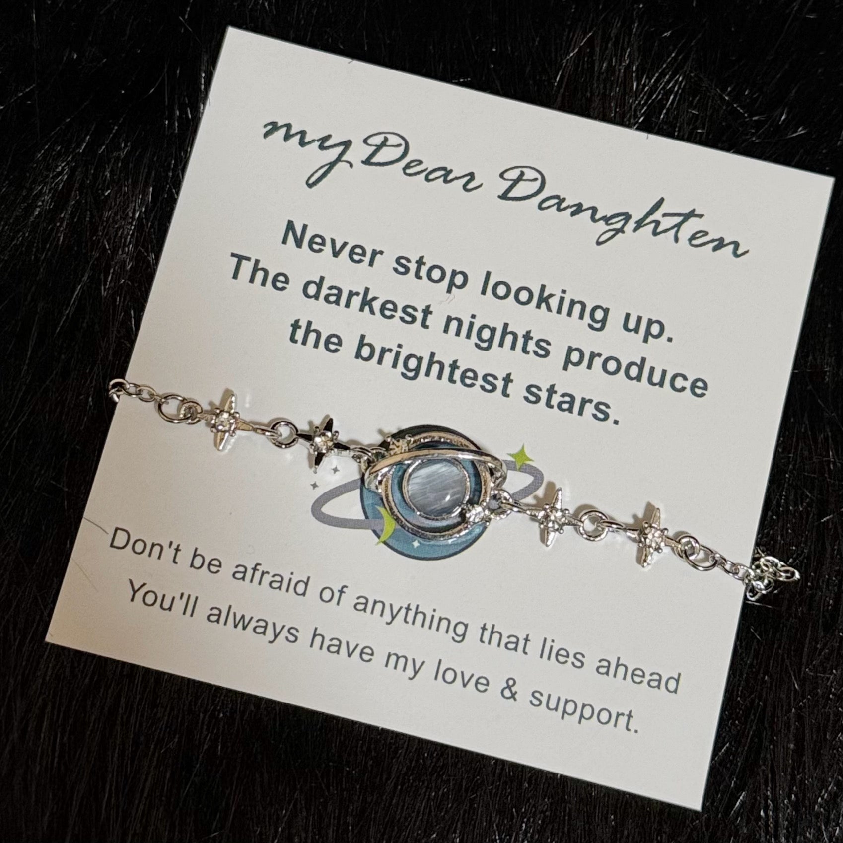 To My Daughter Star and Moon Bracelet, Celestial Planet Design Adjustable Bracelet with Encouragement Card, Gift for Daughter from Mom/Dad for Birthday Graduation Christmas