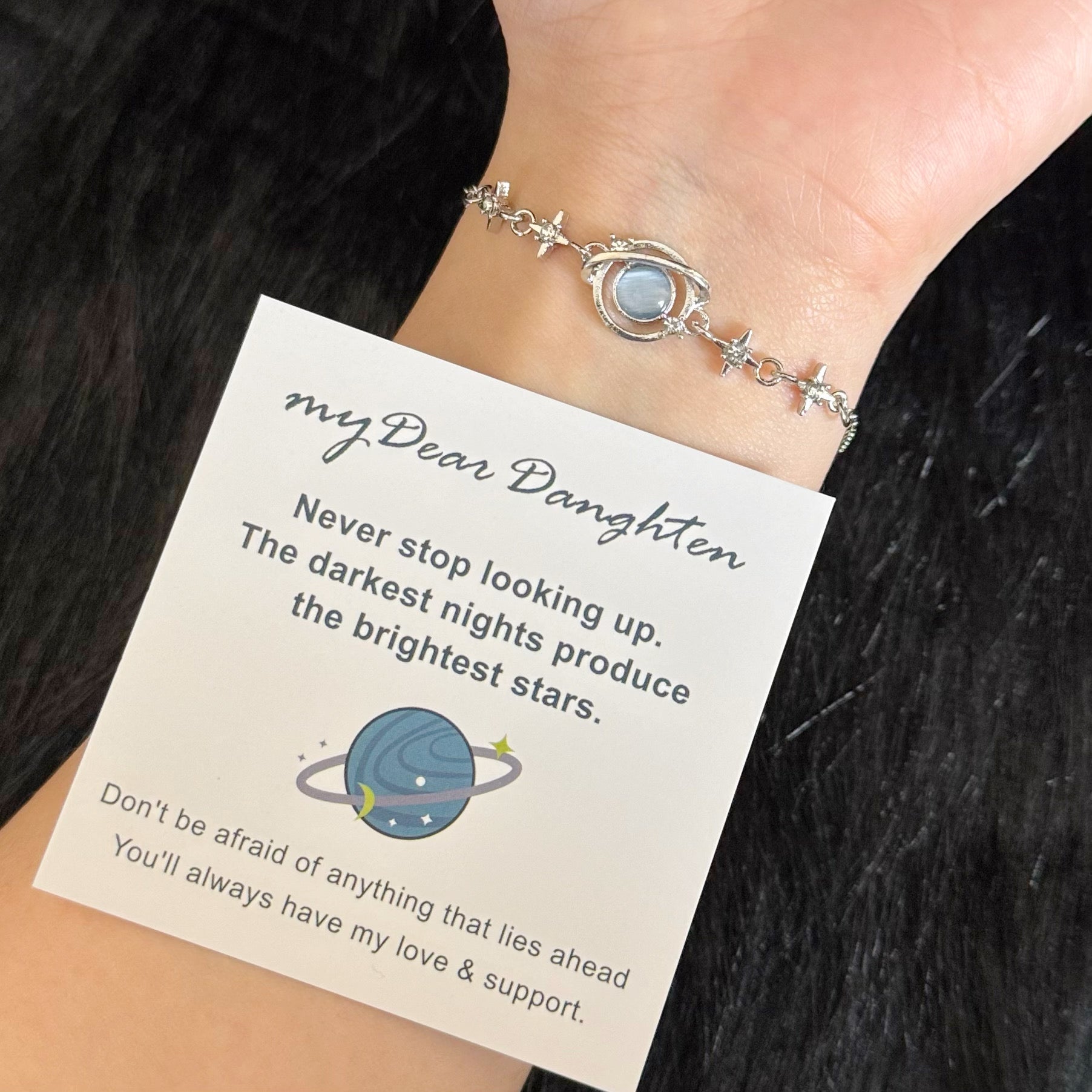 To My Daughter Star and Moon Bracelet, Celestial Planet Design Adjustable Bracelet with Encouragement Card, Gift for Daughter from Mom/Dad for Birthday Graduation Christmas