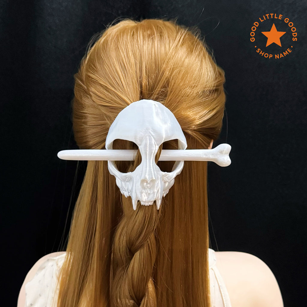 White Cat Skull Hair Stick Set, Gothic Hair Pin with Bone Stick