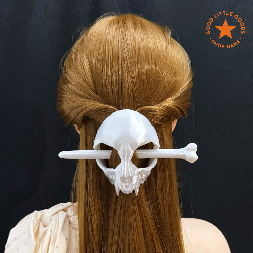 White Cat Skull Hair Stick Set, Gothic Hair Pin with Bone Stick