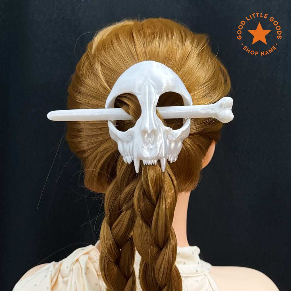 White Cat Skull Hair Stick Set, Gothic Hair Pin with Bone Stick