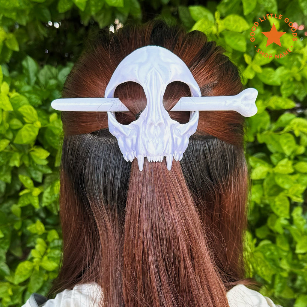 White Cat Skull Hair Stick Set, Gothic Hair Pin with Bone Stick