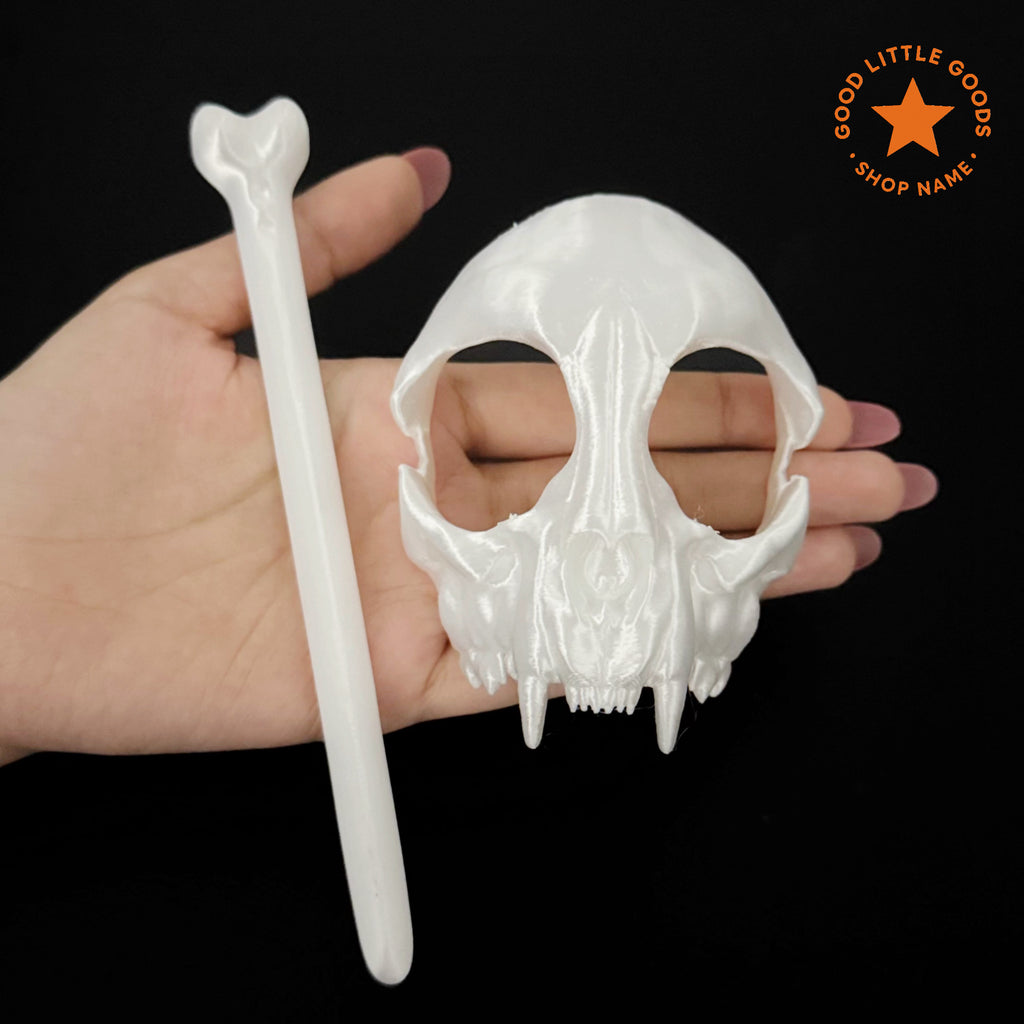 White Cat Skull Hair Stick Set, Gothic Hair Pin with Bone Stick