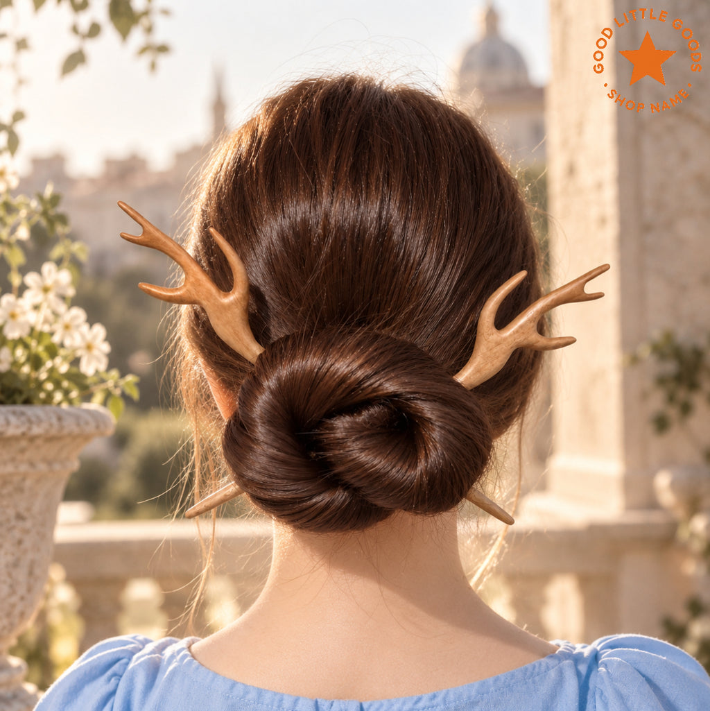 2Pcs Deer Antler Wooden Hair Pins, Antler Bun Holder Hair Stick, Woodland Hair Accessory for Women and Girls