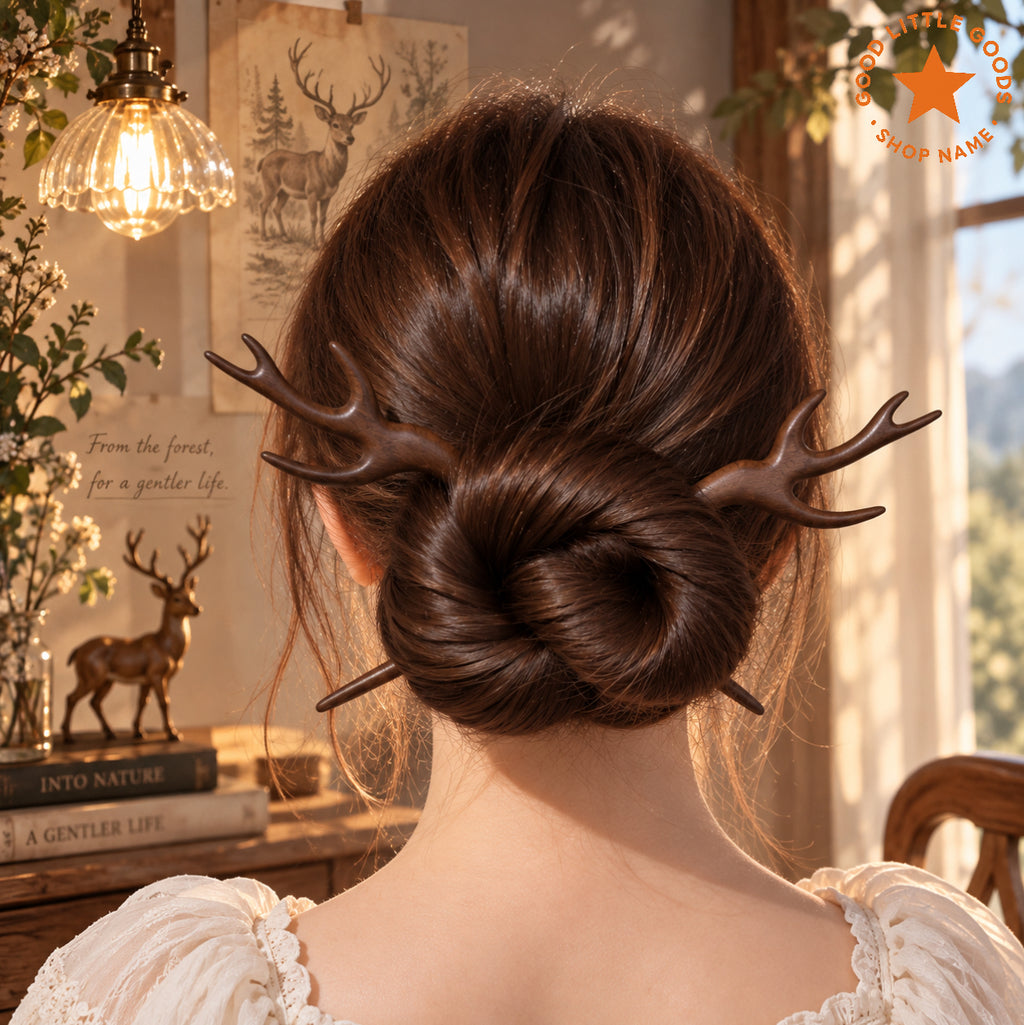 2Pcs Deer Antler Wooden Hair Pins, Antler Bun Holder Hair Stick, Woodland Hair Accessory for Women and Girls