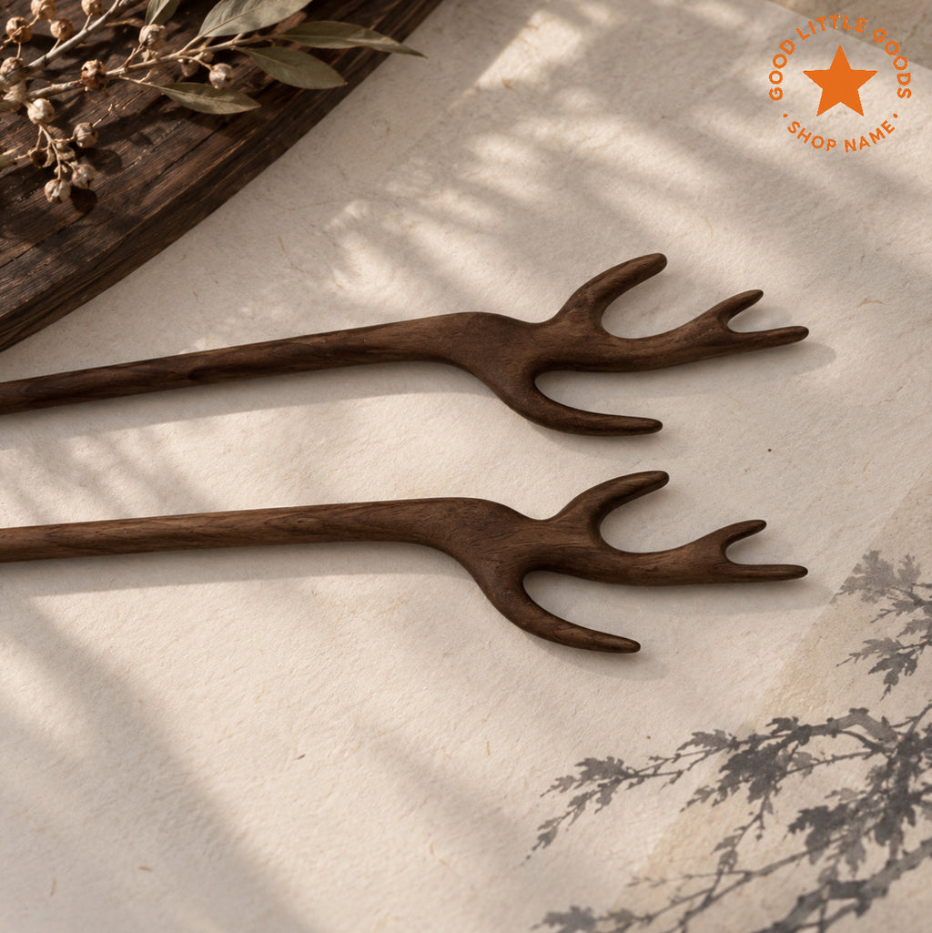 2Pcs Deer Antler Wooden Hair Pins, Antler Bun Holder Hair Stick, Woodland Hair Accessory for Women and Girls