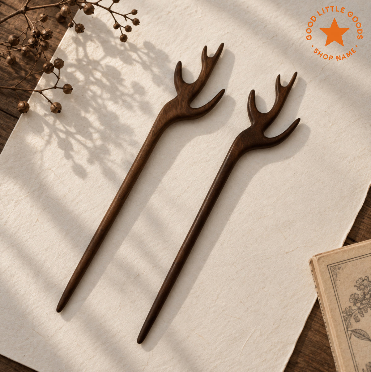 2Pcs Deer Antler Wooden Hair Pins, Antler Bun Holder Hair Stick, Woodland Hair Accessory for Women and Girls