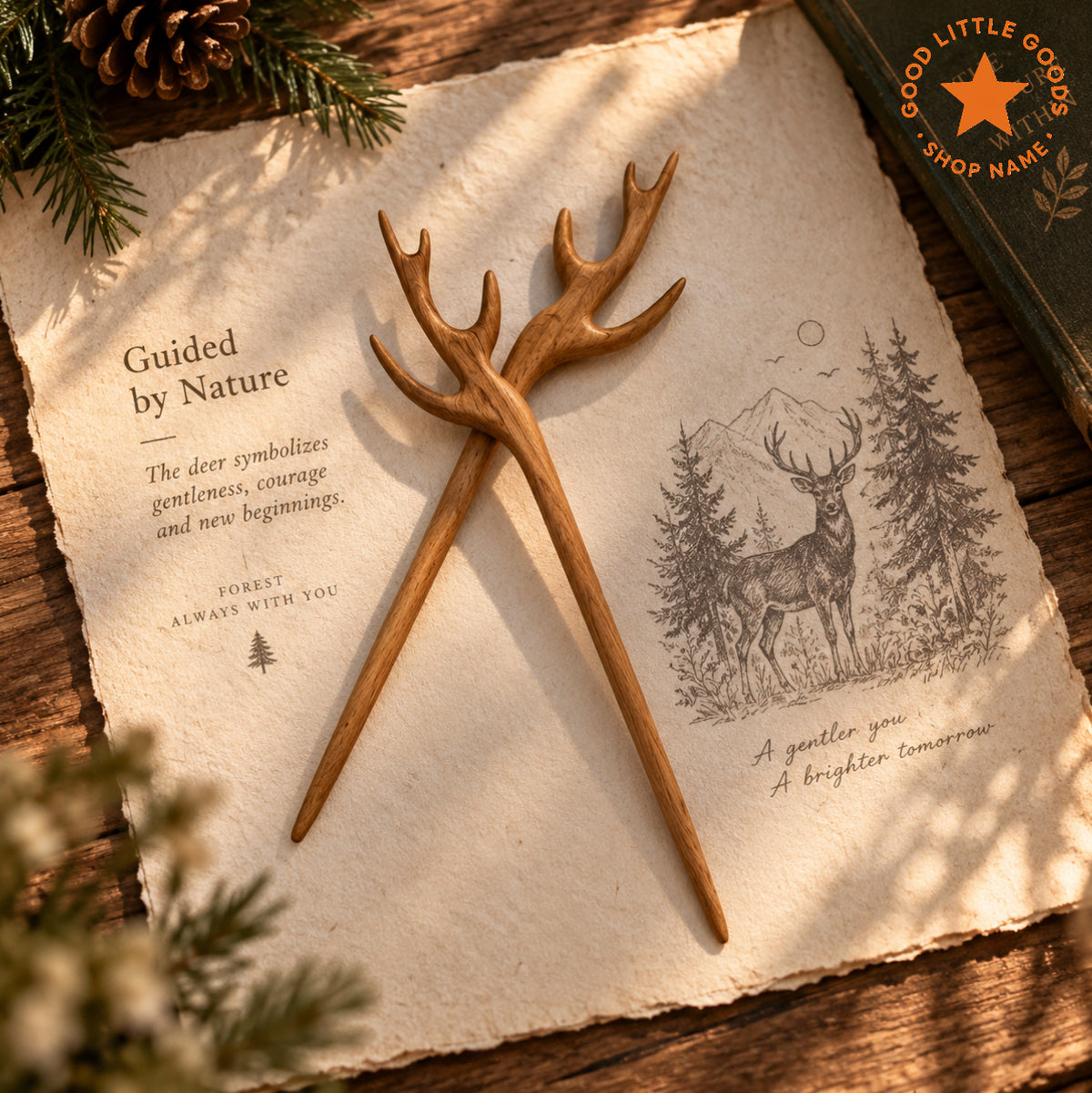 2Pcs Deer Antler Wooden Hair Pins, Antler Bun Holder Hair Stick, Woodland Hair Accessory for Women and Girls