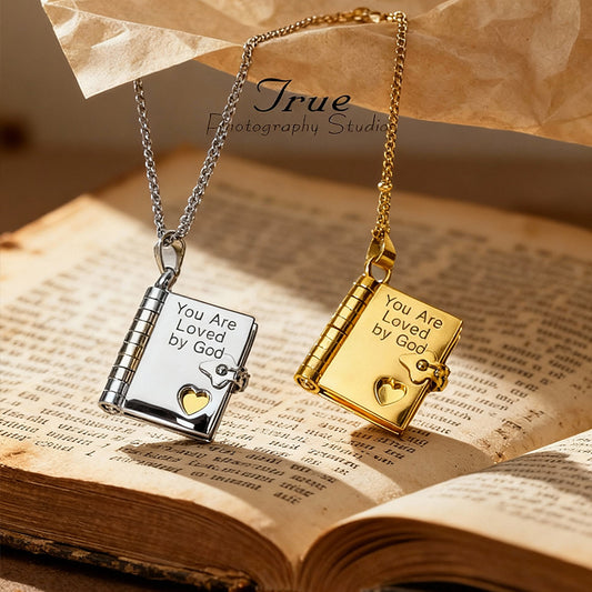 Christian Book Locket Necklace - "You Are Loved by God" Inspirational Faith Pendant