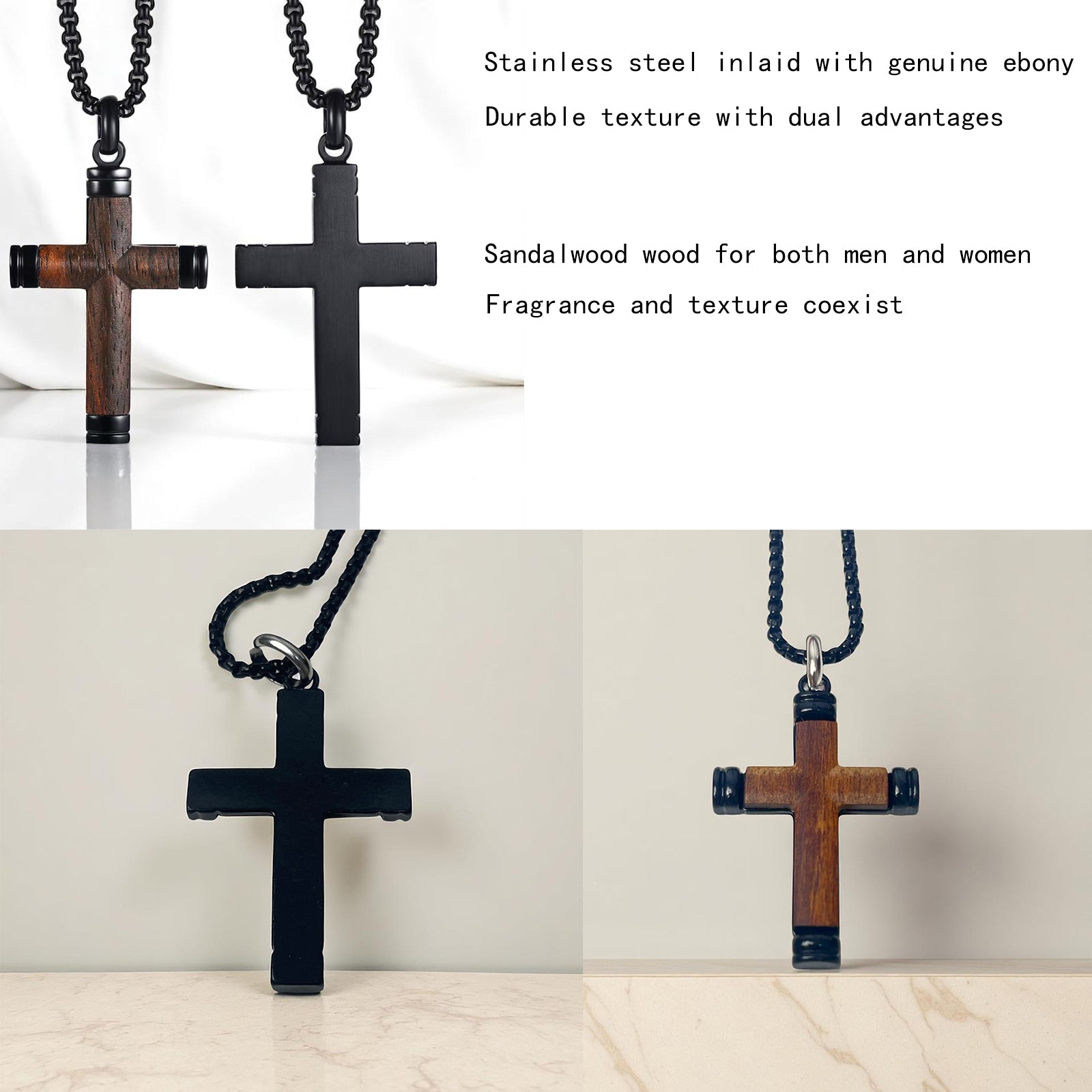 Men's Wooden Cross Necklace, Real Ebony Inlaid Black Stainless Steel Christian Crucifix Pendant