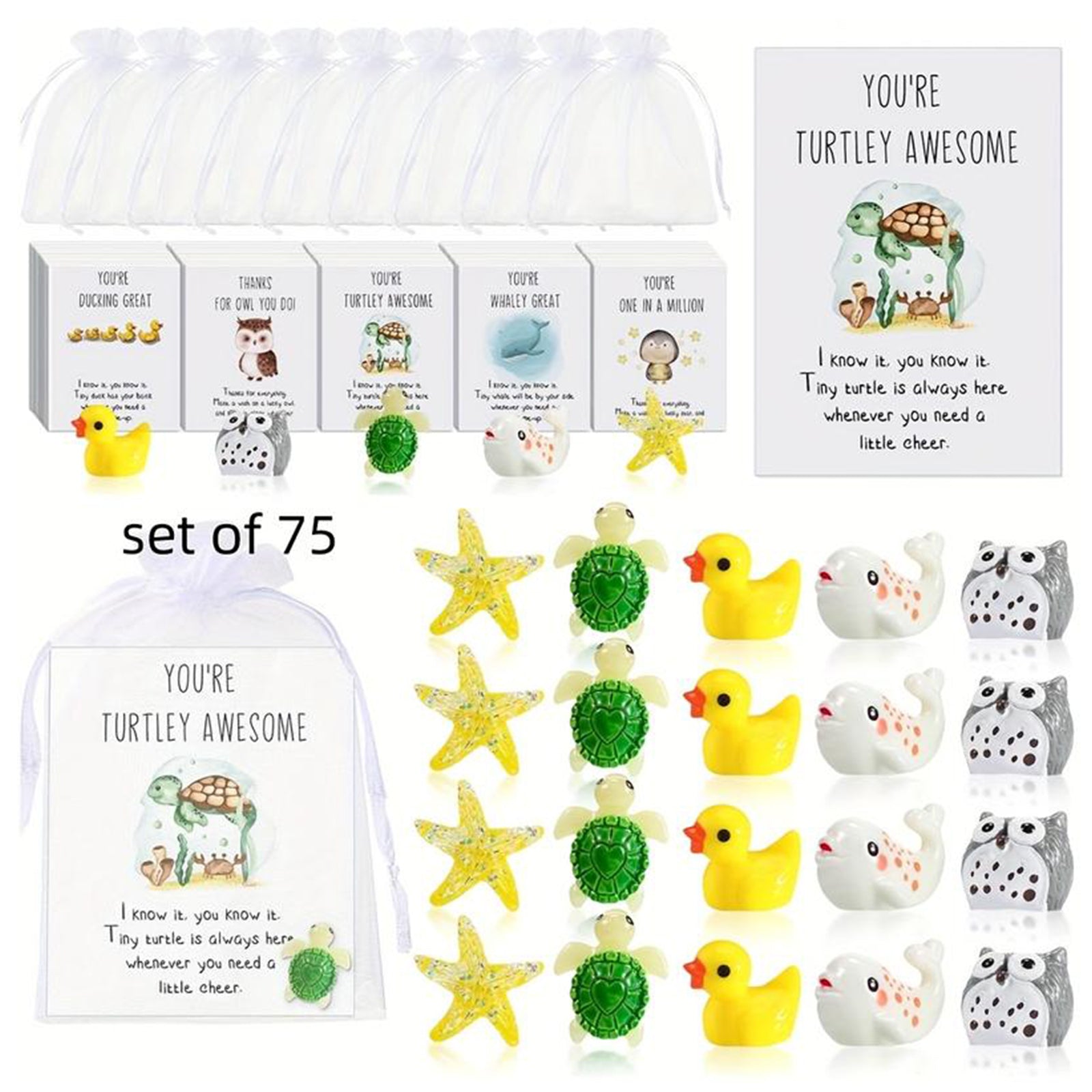 Set of 75 Inspirational Pocket Favors, Employee Appreciation Gifts Bulk, Coworker Thank You Tokens with Animal Pun Cards