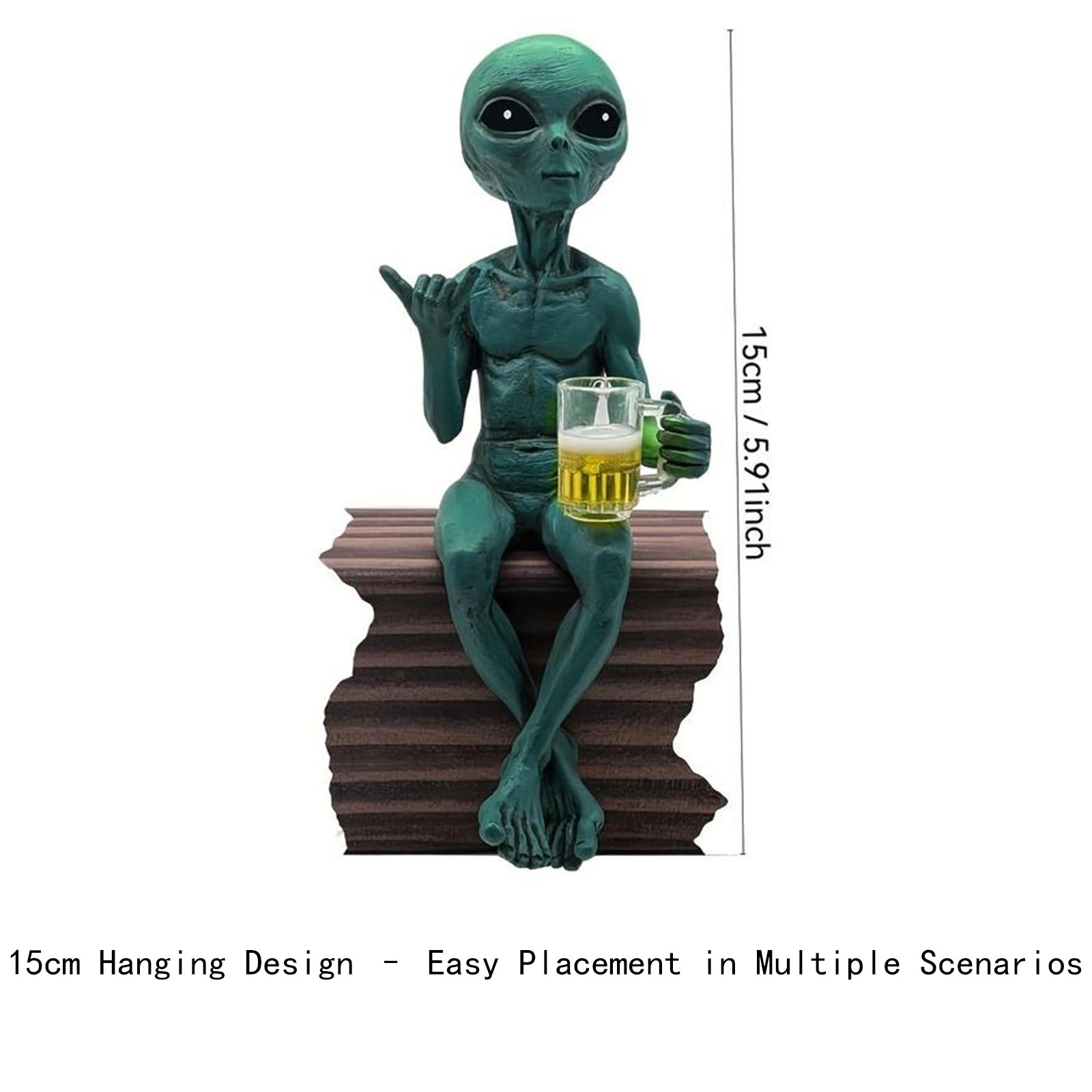 Alien with Beer Figurine Invasion 'Party Alien' Male Hang Loose Beer Drinking Ledge Lounger 15 Inch Funny Home or Garden Statue