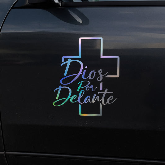 Holographic Reflective Religious Car Sticker, 'Dios Por Delante' Cross Truck Decal, Car Stickers,Car Decals for Men, Reflective Stickers