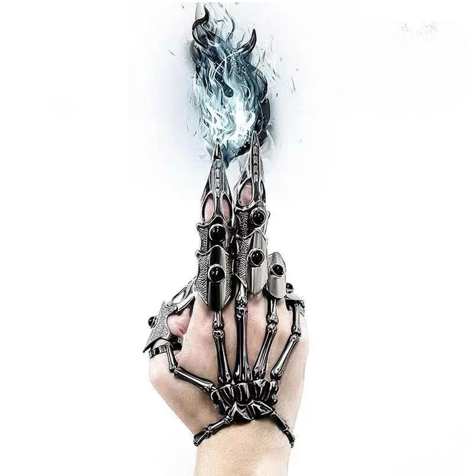 Black Pearl Skull Skeleton Hand Finger Armor Ring, Gothic Punk Mechanical Finger Jewelry for Men