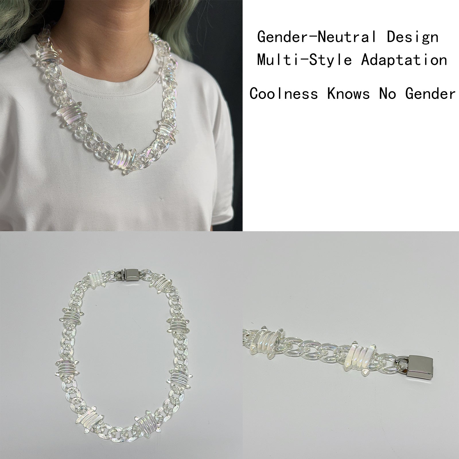 Clear Acrylic Barbed Wire Chain Necklace, Punk Gothic Statement Jewelry with Transparent Links