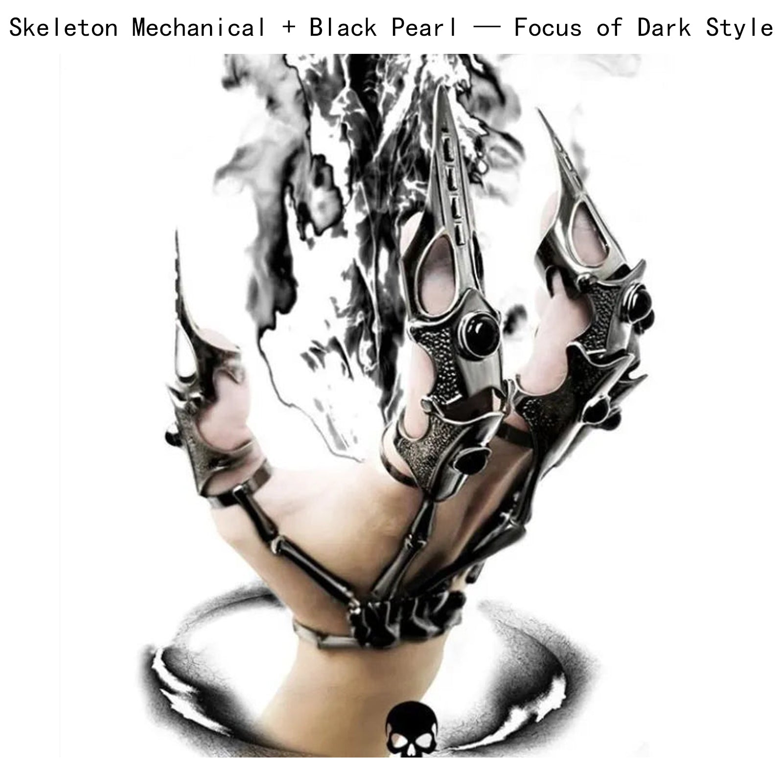 Black Pearl Skull Skeleton Hand Finger Armor Ring, Gothic Punk Mechanical Finger Jewelry for Men